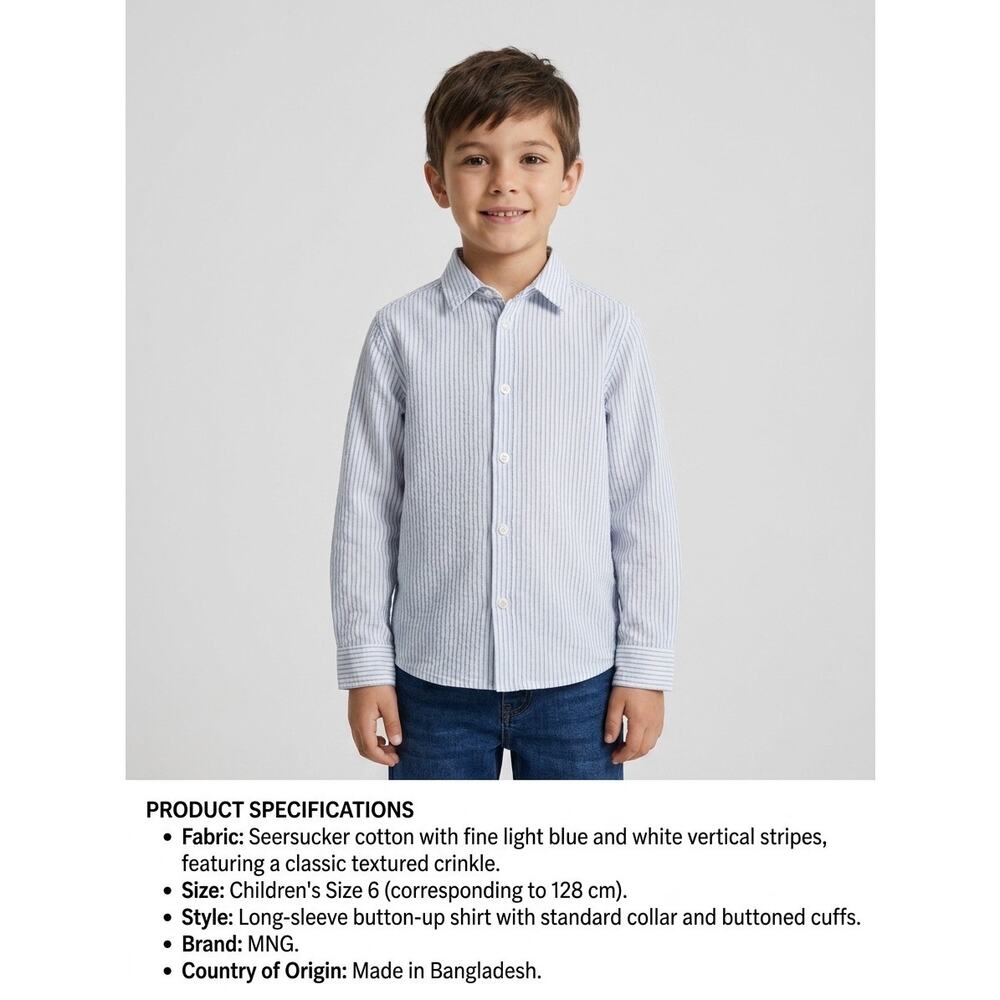 Boys MNG Long-Sleeve Seersucker Button-Up Shirt, Size 6 (128 cm)